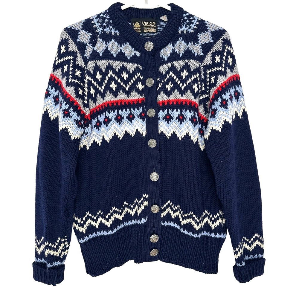 Vintage Viking Sportswear Pure New Wool Fair Isle Cardigan Sweater Scotland 40